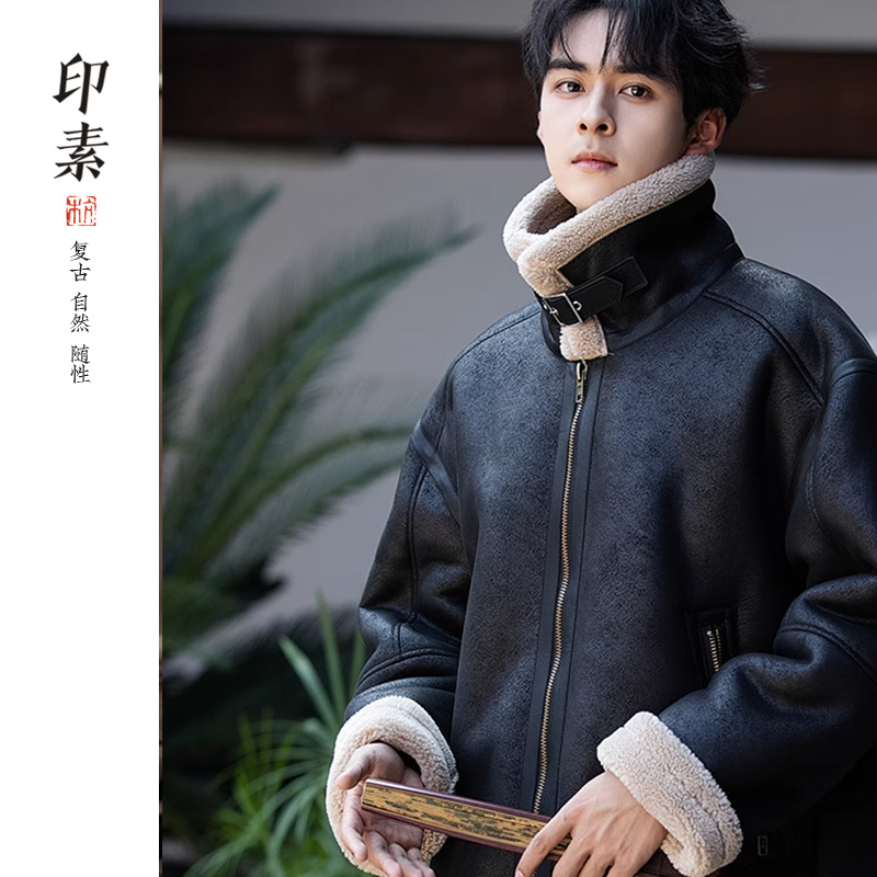 美拉德皮毛一体外套男冬季加绒加厚机车服羊羔毛夹克棉服情侣皮衣