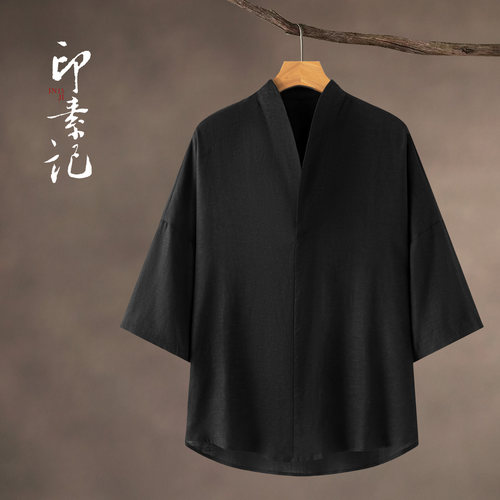 中国风男装夏季复古风棉麻T恤短袖男士上衣V领中式汉服七分袖