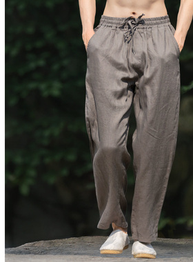 100%纯亚麻料裤子男秋季薄款中国风直筒宽松透气休闲裤全麻长裤