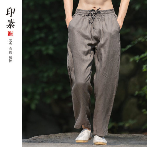 100%纯亚麻料裤子男夏季薄款中国风直筒宽松透气休闲裤全麻长裤