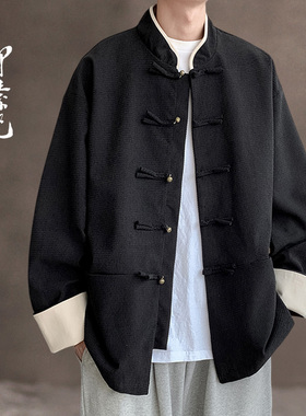 春秋款新中式唐装中国风盘扣上衣外套中山装灯芯绒夹克宽松男上衣