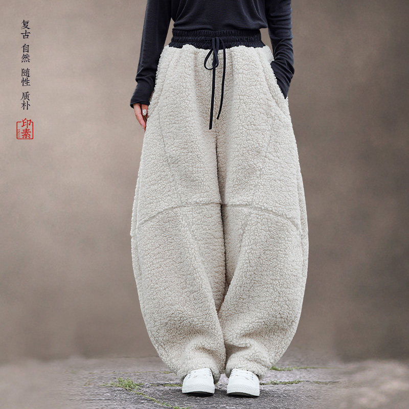 中国风抽绳卫裤男女冬宽松情侣羊羔毛加厚休闲裤哈伦裤保暖灯笼裤