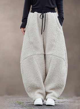 中国风抽绳卫裤男女冬宽松情侣羊羔毛加厚休闲裤哈伦裤保暖灯笼裤
