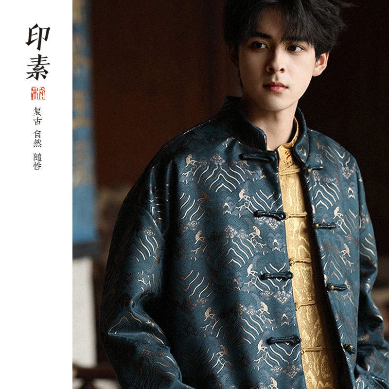 唐装春秋款中国风男装织锦缎海水纹情侣上衣男中式立领外套夹克