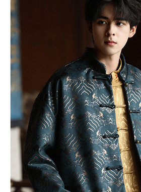 唐装春秋款中国风男装织锦缎海水纹情侣上衣男中式立领外套夹克