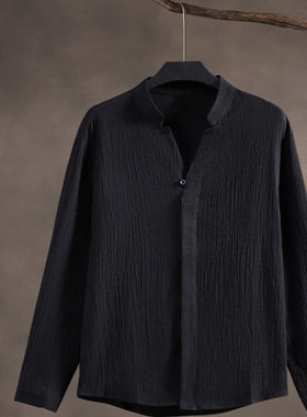 中国风男装春秋复古风冰丝长袖衬衫男上衣立领中式汉服打底衫白色