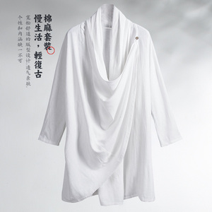 套装中国风男装复古棉麻居士道服男汉服宽松垂感唐装汉服道袍外套