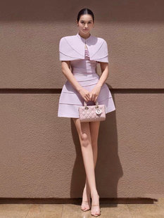 越南小众设计师优雅气质淡紫色吊带小礼服披肩斗篷连衣裙两件套女