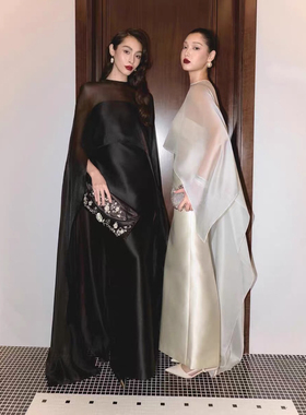 越南小众设计师优雅气质缎面晚宴礼服裙抹胸长裙飘逸披风连衣裙