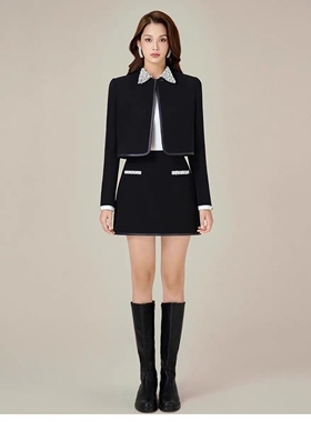 高级感复古黑色套装裙设计师新款重工钉珠西服A字半裙通勤两件套