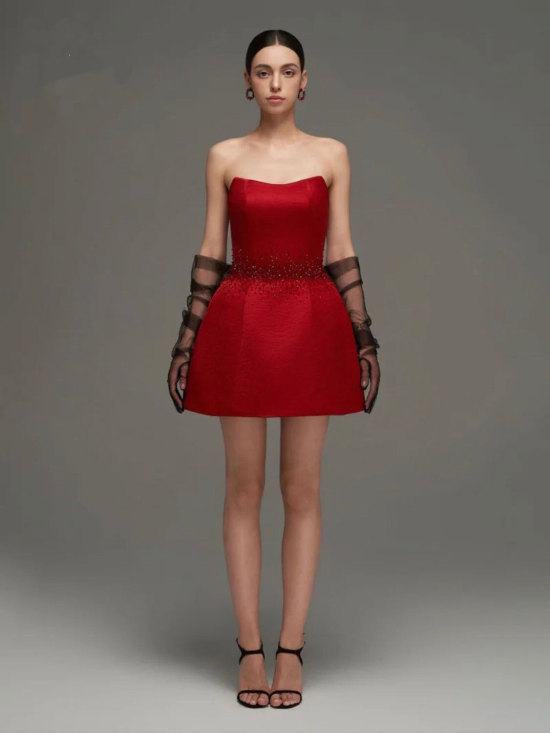 越南小众设计师重工钉珠红色结婚宴会小礼服收腰显瘦抹胸连衣裙