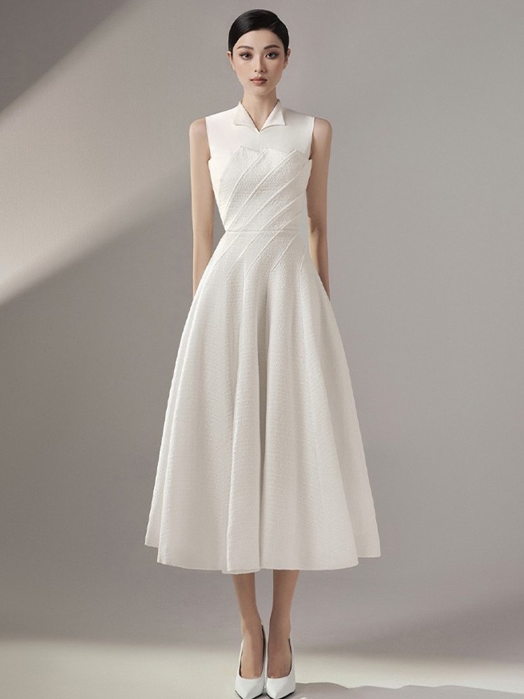 解构感白色小翻领礼服连衣裙轻奢