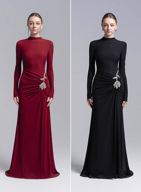 越南小众设计师气质重工褶皱玫瑰晶饰长裙女长袖黑色高领连衣裙