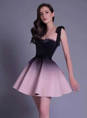 法式小众丝绒套装裙越南设计师蝴蝶结吊带背心渐变黑粉蓬蓬半裙