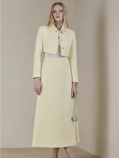 小香风鹅黄色时尚套装裙越南设计师法式气质减龄法式短外套半身裙