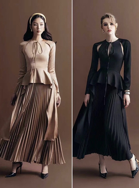 越南小众设计师气质缎面镂空荷叶边不规则百褶大摆长袖系带连衣裙