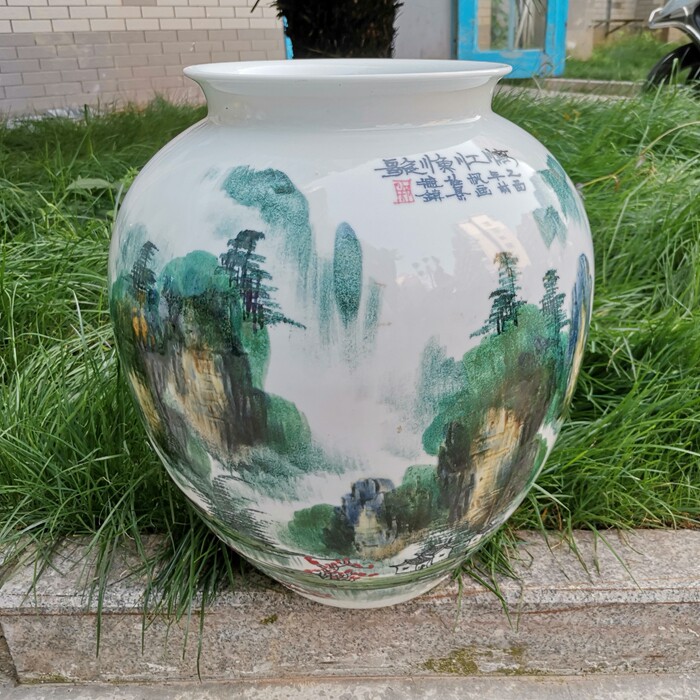景德镇陶瓷花瓶手绘窑变山水风景画冬瓜坛字画书画缸摆设漓江情怀