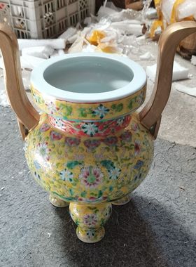 景德镇陶瓷香炉手绘仿古黄色粉彩三脚香炉摆设