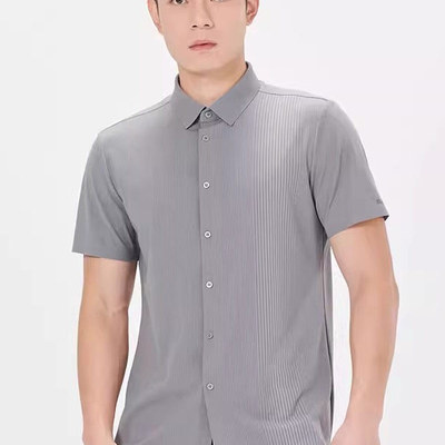舒适弹力条纹翻领短袖衬衫男