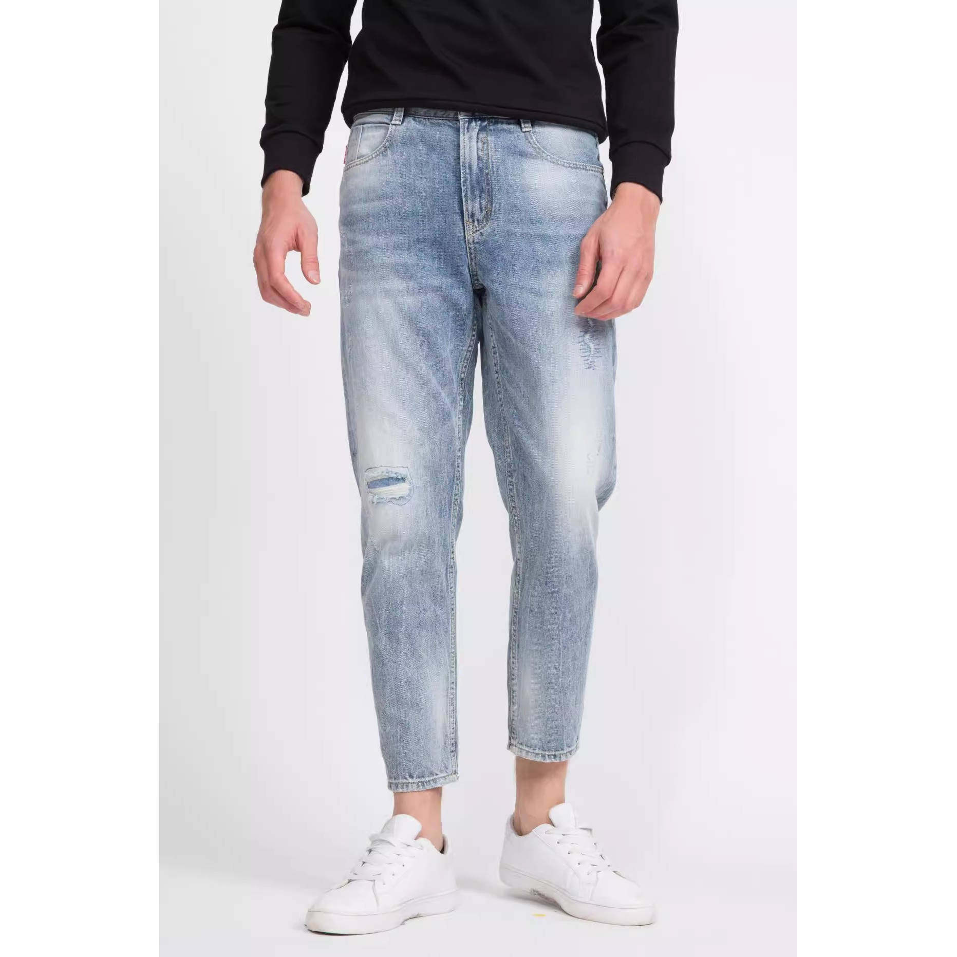 Q0XNZ20301 20101 00401利家男士夏季潮流百搭中腰小脚破洞牛仔裤