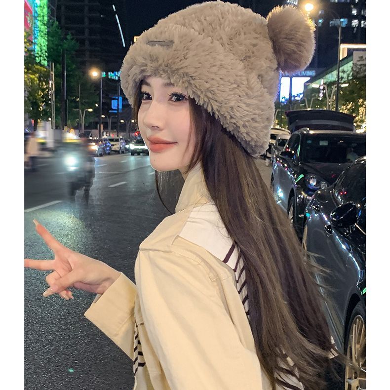 可爱小熊毛线帽子女冬季毛绒大头围针织帽产后月子帽防风保暖护耳