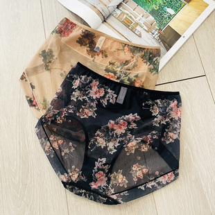 蕾丝网纱透明性感印花内裤 中腰棉裆胖MM200斤宽松 女士三角裤 大码