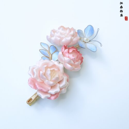 非遗绒花山茶花发夹新中式侧边夹