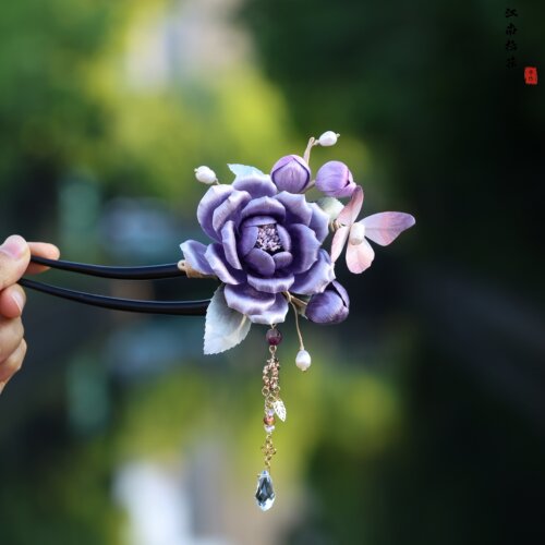 非遗手工绒花紫牡丹檀木U型发钗