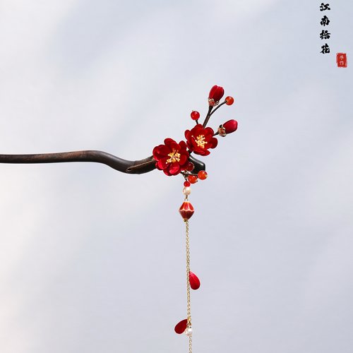 非遗绒花红梅发簪檀木簪