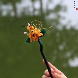 江南拾花 | 折桂令 非遗手工桂花绒花发簪新中式国风黑檀木簪古风