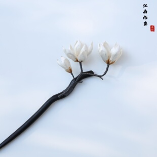 江南拾花 非遗手工绒花玉兰发簪檀木簪盘发汉服旗袍配饰送礼高端