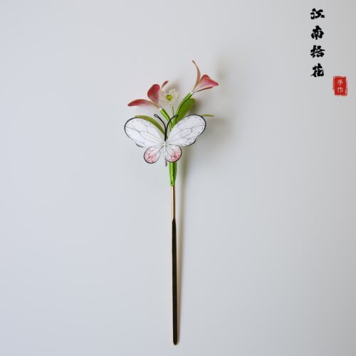 掐丝蝴蝶绒花发簪非遗手作
