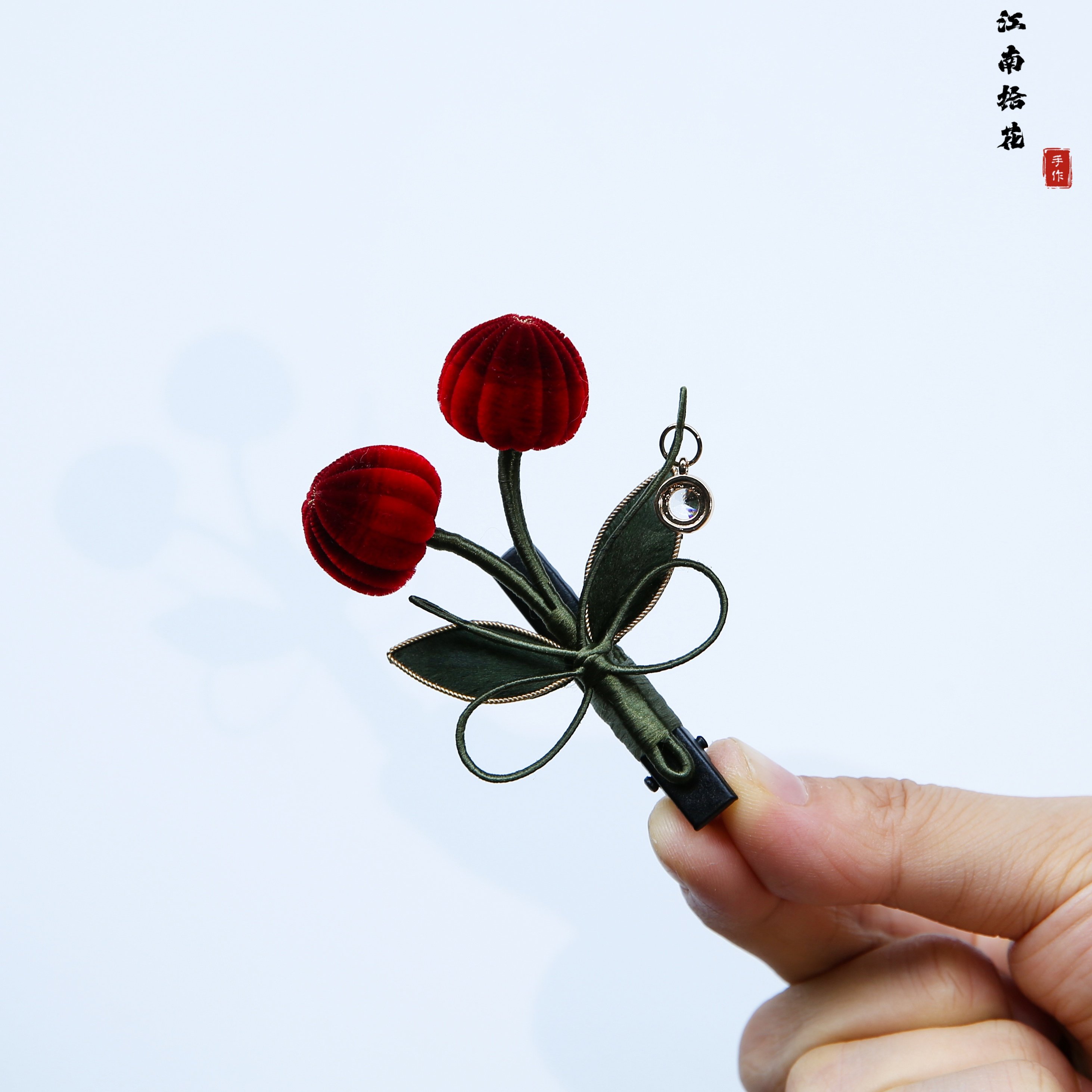 非遗手工樱桃蝴蝶结绒条绒花发夹