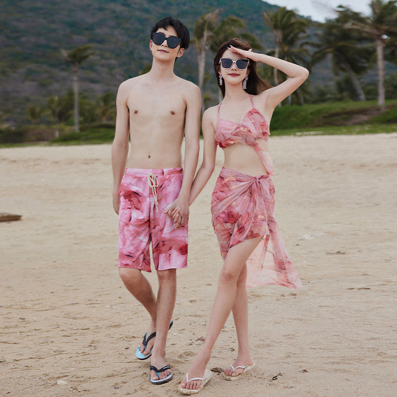 速干性感分体比基尼带披肩三件套男女情侣水上乐园沙滩度假游泳衣