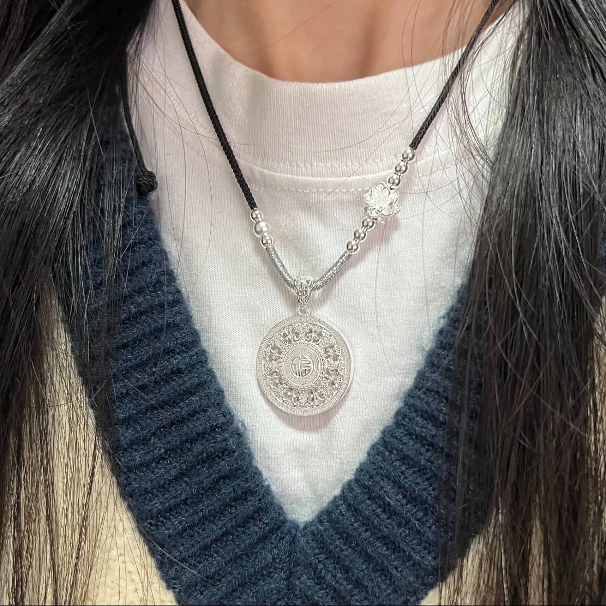 八宝罗盘转运纯银吊坠足银999新中式银项链女福字圆盘编绳送女友