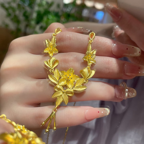 女款999足金黄金项链花月佳期三生花玉兰花时尚大气婚嫁结婚礼物