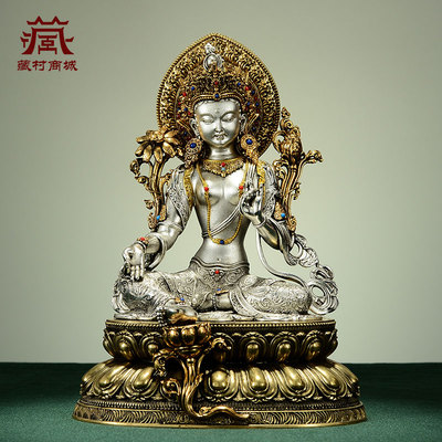 白铜雕花绿度母铜像桌面摆件