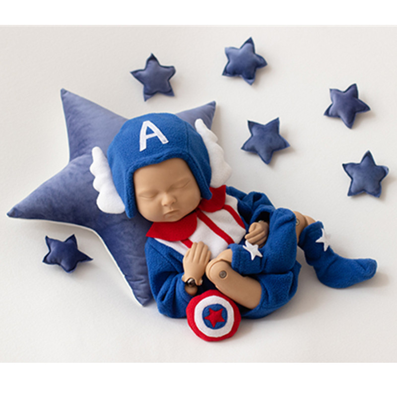 新生儿摄影美国队长主题服装影楼道具婴儿男宝宝月子拍照帽子衣服
