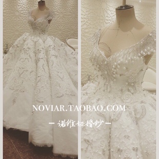 迪拜奢华重工宫廷蓬蓬婚纱 新娘水钻一字肩大拖尾婚纱礼服2020