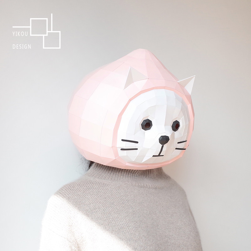 桃子猫咪面具可爱动物头套纸模diy万圣节派对儿童道具二次元手工
