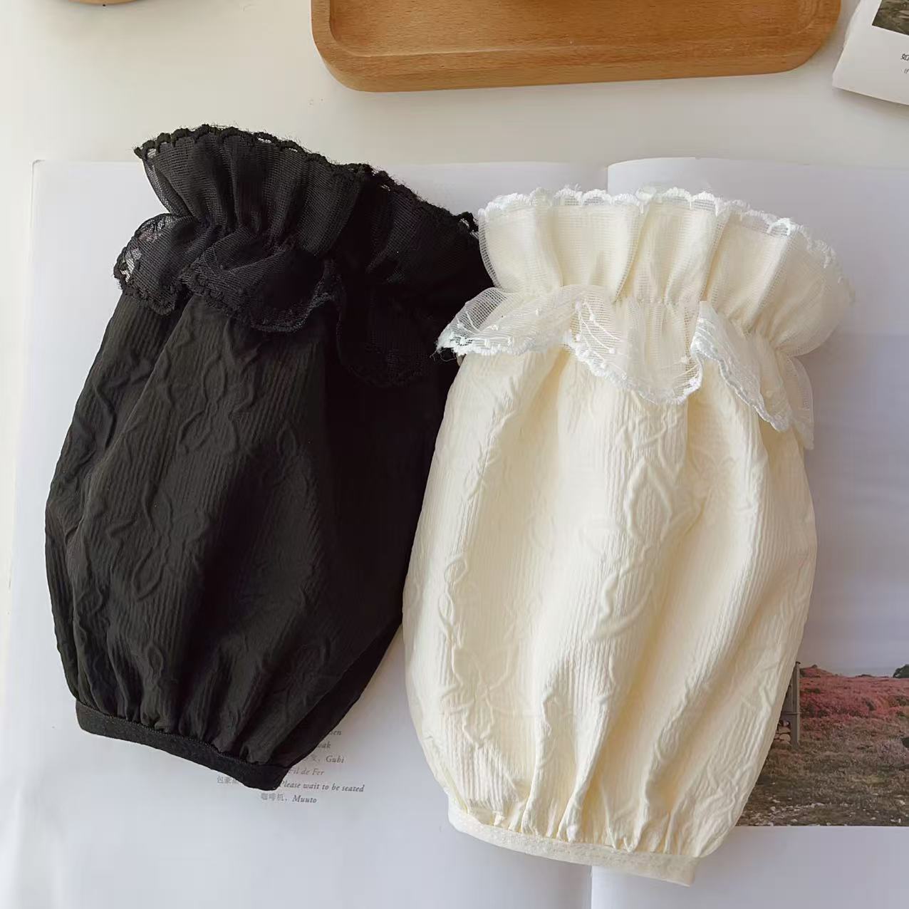 短款花边袖套女士成人蕾丝秋冬羽绒服时尚防水黑白色韩版防污学生