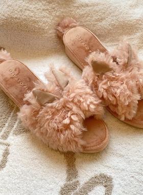 PETIT TROUVER冬款卷毛绒甜美可爱小兔子室内坡跟拖鞋女式家居鞋