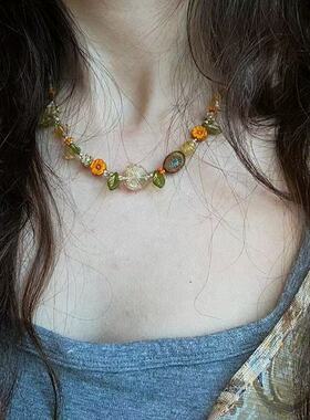 新款清新植物珠串珠项链小众百搭轻奢气质锁骨链时尚森系花朵颈链