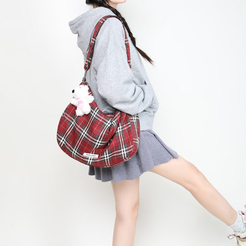 韩版格子包包女 2025秋季新款休闲学生包大容量托特包斜挎帆布包C