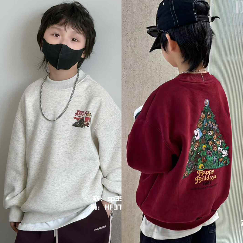 大E小e童装一体绒卫衣24冬新品男女童圣诞加绒上衣中大童3585