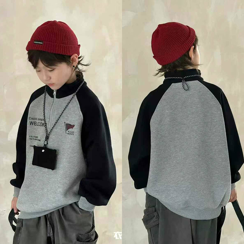 大E小e立领一体绒套头卫衣时尚