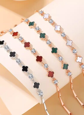 S999幸运四叶草手链黑玛瑙孔雀石女生轻奢时尚个性手饰生日礼物送