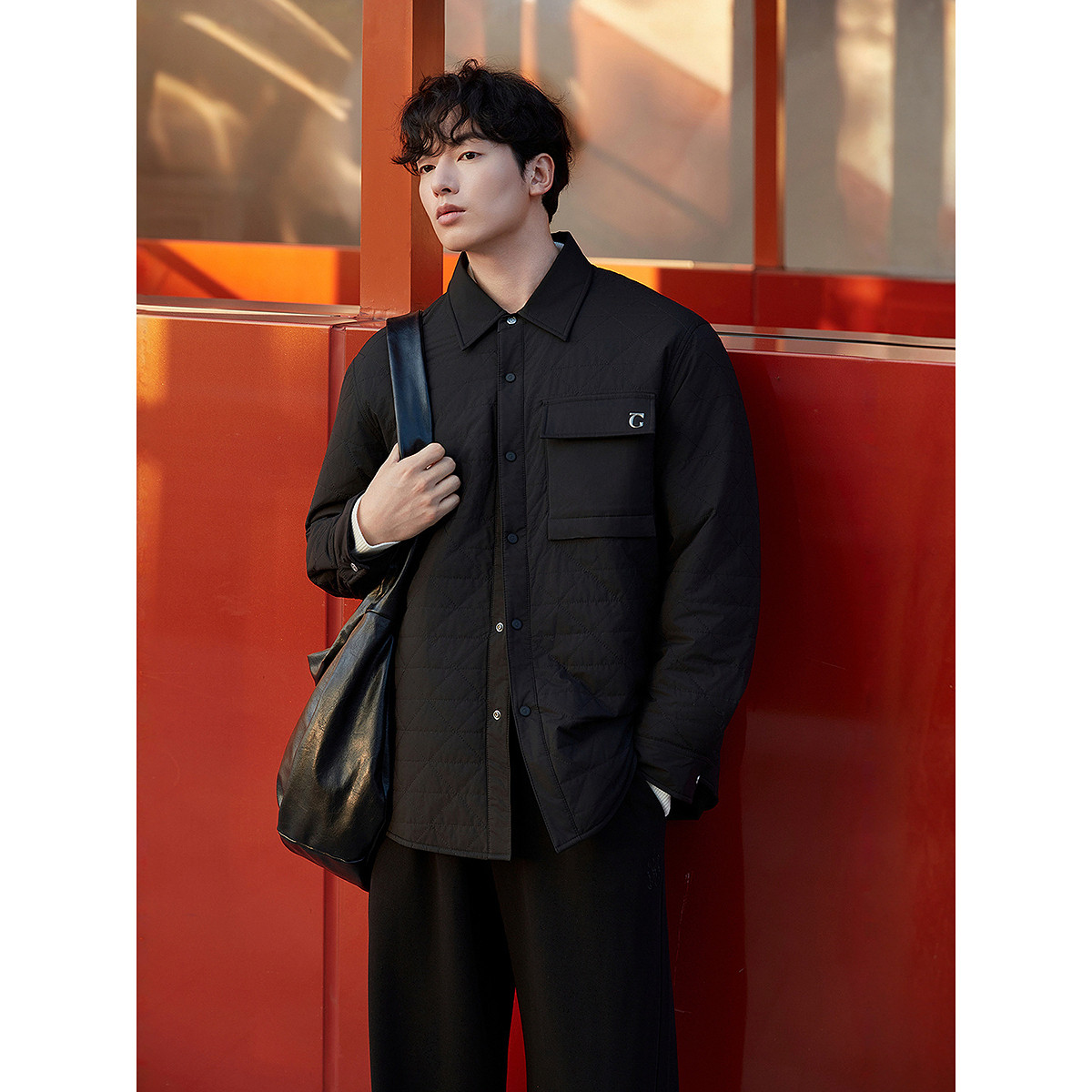 GXG男装冬季绗缝衬衫式加厚夹克夹棉双色通勤翻领外套 G24X214103