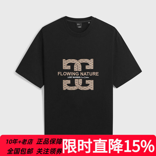 GXG男装夏季新款黑色前胸字母绣花潮流百搭圆领短袖T恤G24X442097