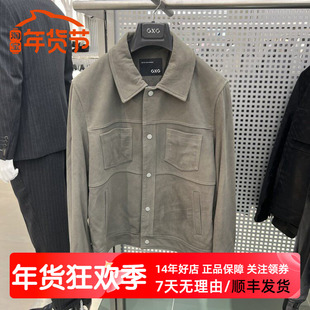 GXG男装秋冬新款暗绿色工装羊反绒皮真皮皮衣夹克外套 G24A124006